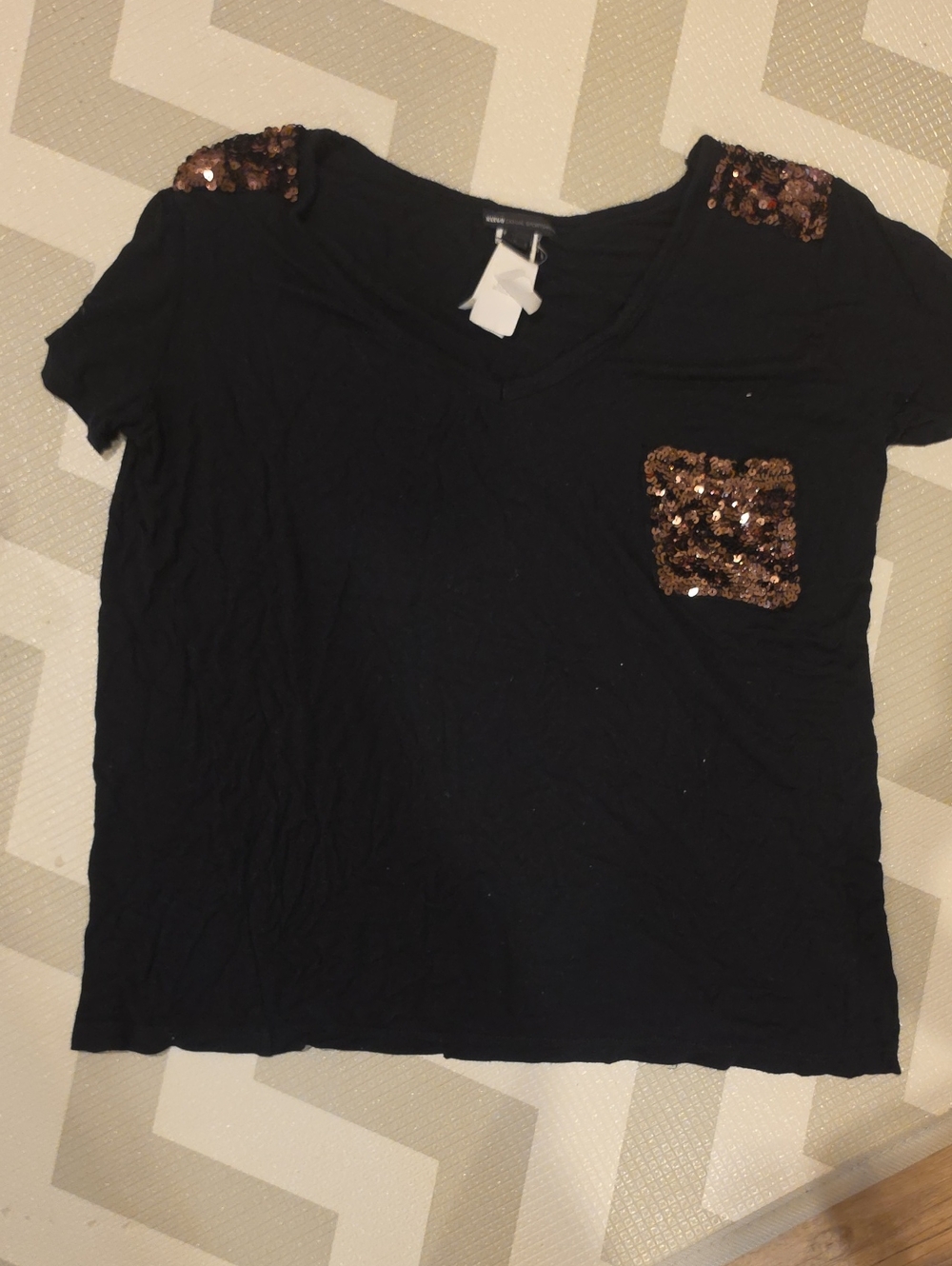 Mango Black V-Neck Short Sleeve Tee with Bronze Sequin Pocket & Shoulder Details